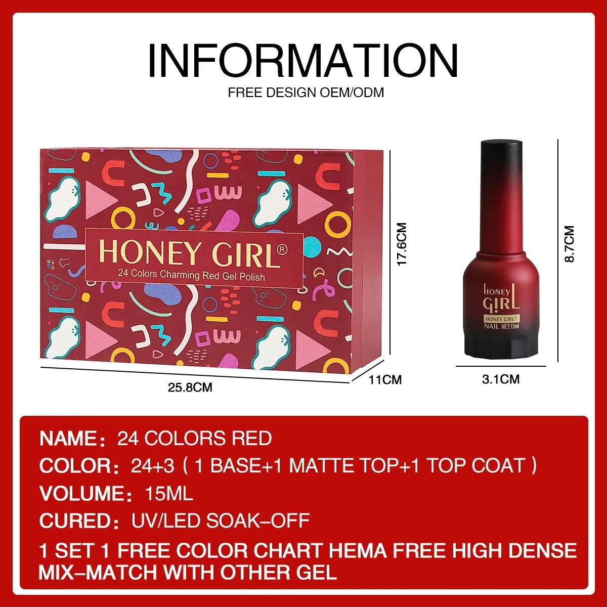 Honey Girl - «Hot Valentines Brennende Kjærlighet» - 24 Rød Farger Komplett Sett - Shellac/Gelelakk