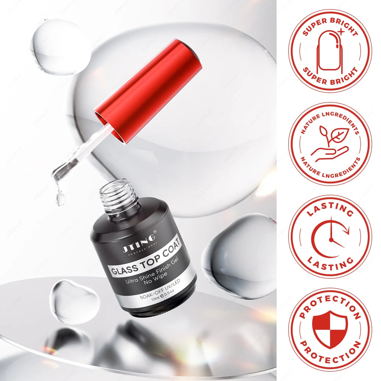 Jting Glass Top Coat - Ultra Shine Finish Gel(No wipe) - 15ml