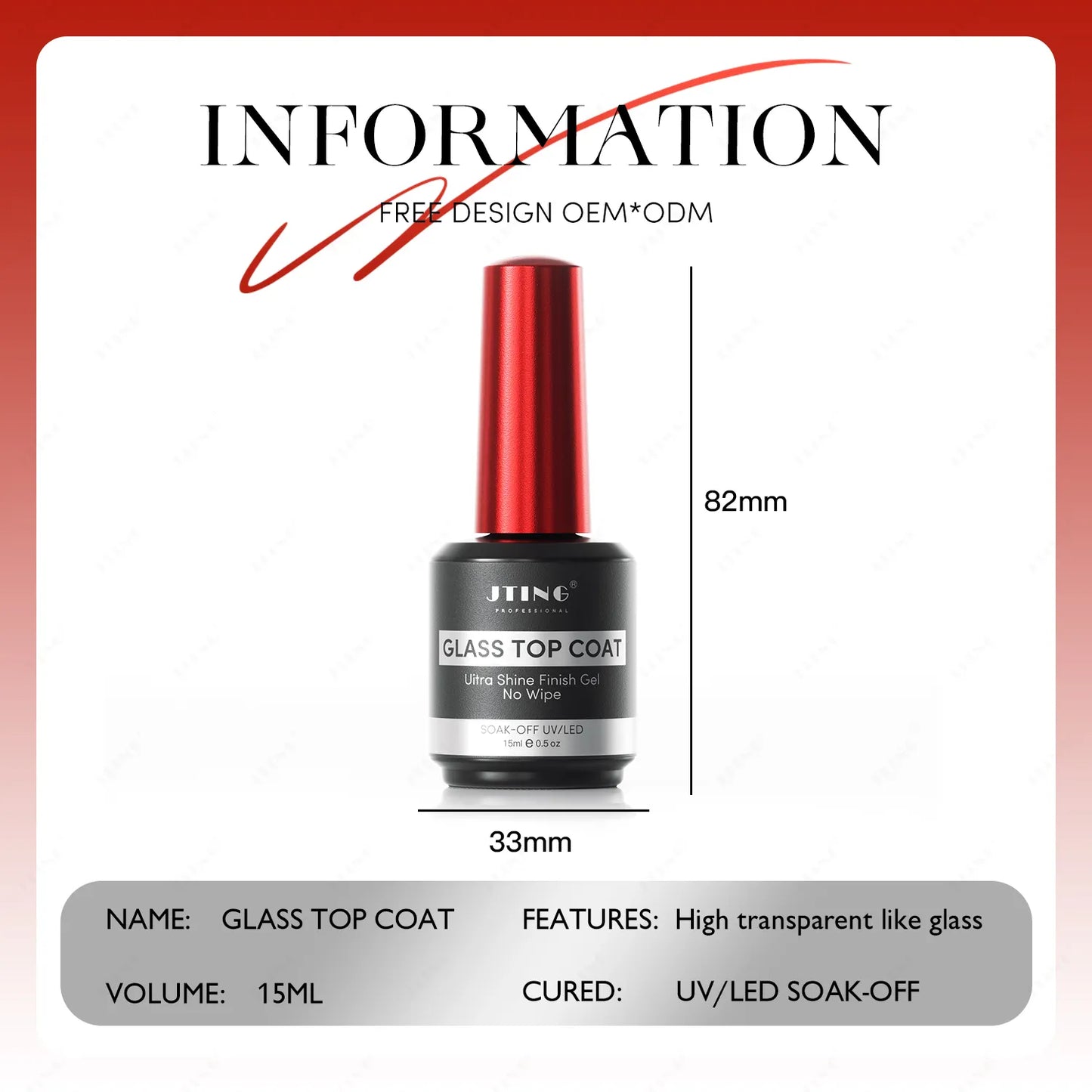 Jting Glass Top Coat - Ultra Shine Finish Gel(No wipe) - 15ml