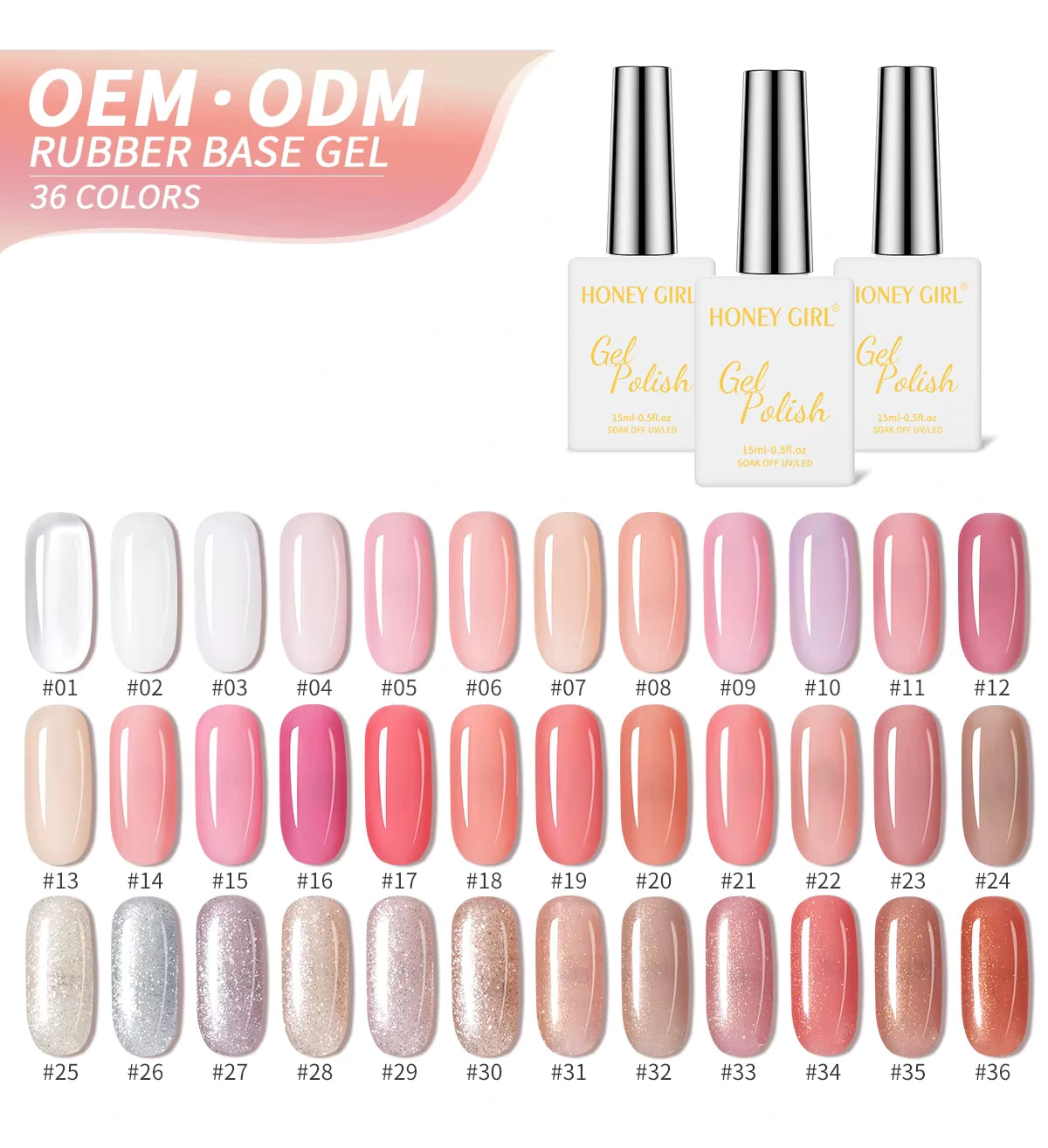 Honey Girl Rubber Base Gel 36 farger Sett - Shellac/Gelelakk
