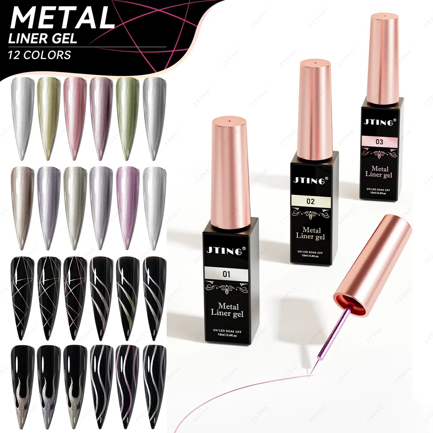Liner Gel farger 12 serie Metal – Metallisk Nail Art Design