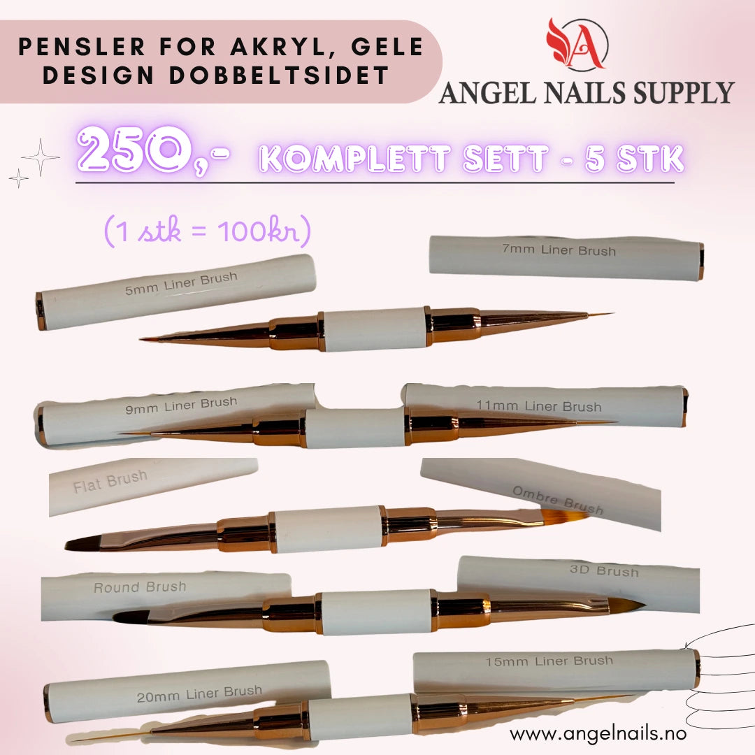 Design Pensel dobbeltsidet komplett sett 5 pensler - Nail art brush kit