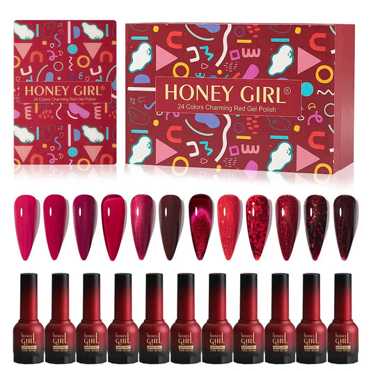 Honey Girl - «Hot Valentines Brennende Kjærlighet» - 24 Rød Farger Komplett Sett - Shellac/Gelelakk